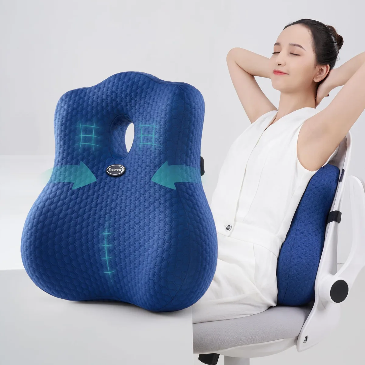 Black lumbar support cushion with adjustable strap and washable cover