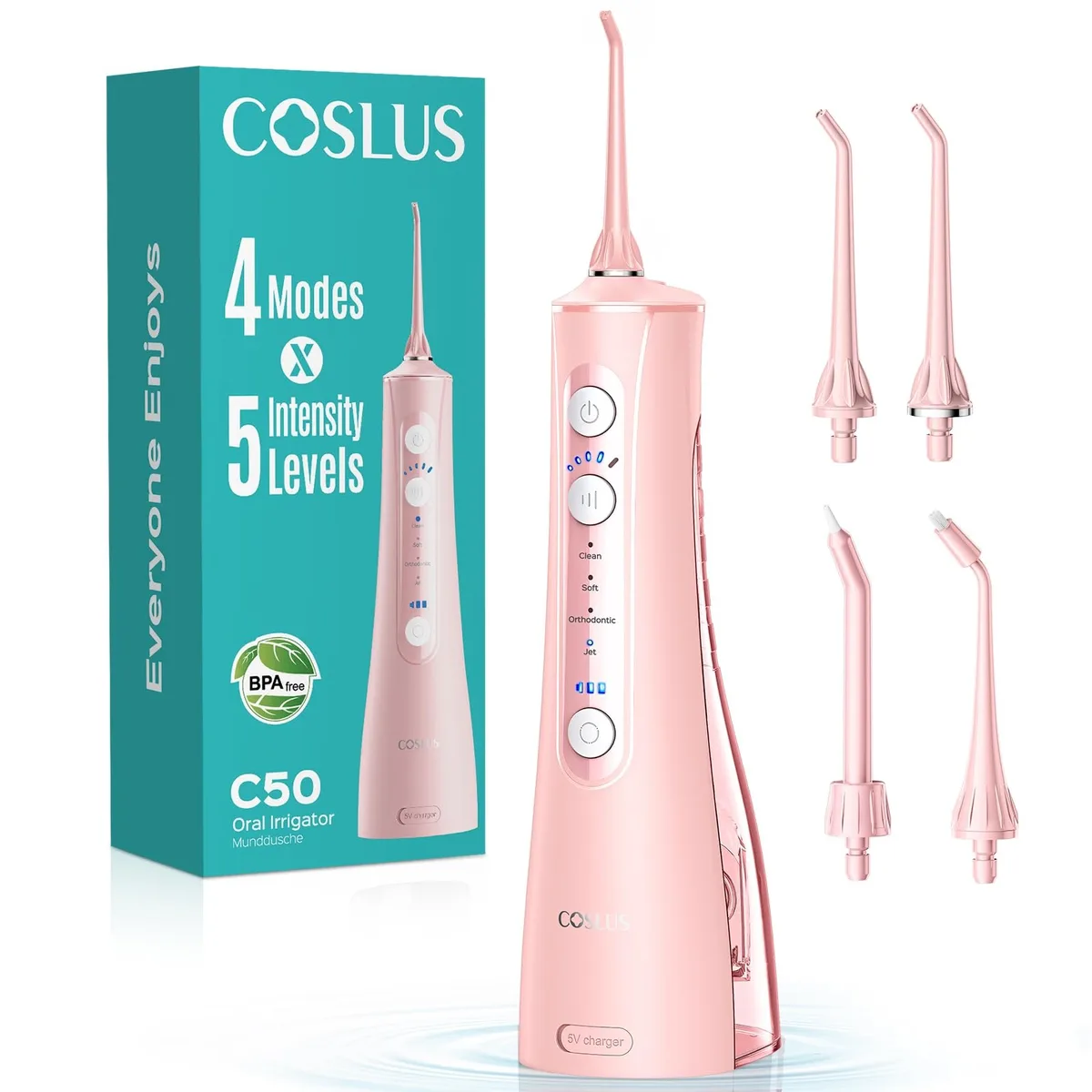 Pink cordless water flosser with rotatable tip and non-slip grip
