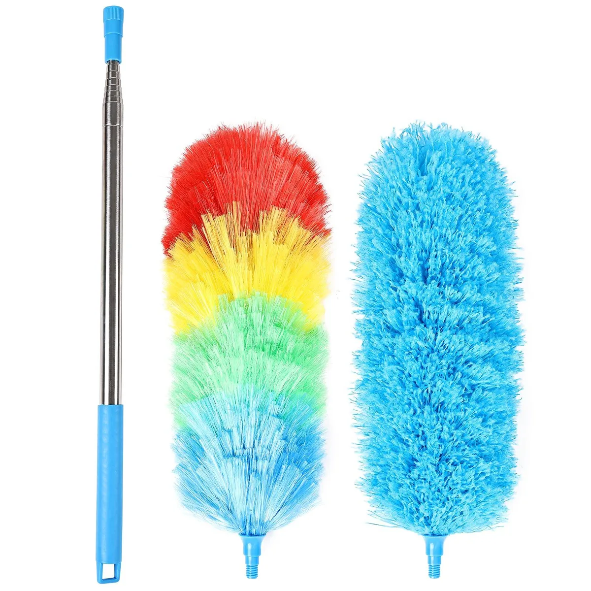 Extendable microfiber duster with 100-inch telescoping pole and two bendable heads