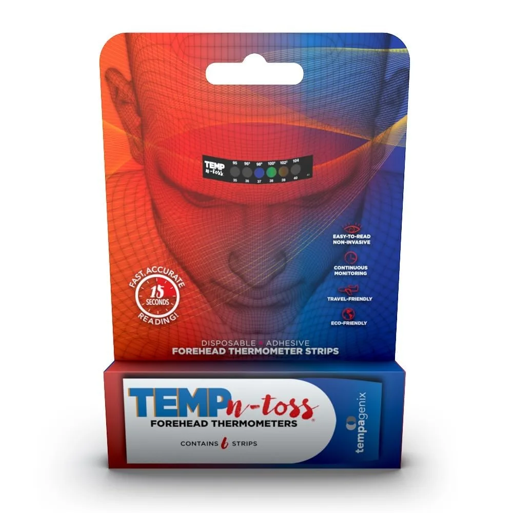 Disposable forehead thermometer strips in black packaging showing 94 to 104F range