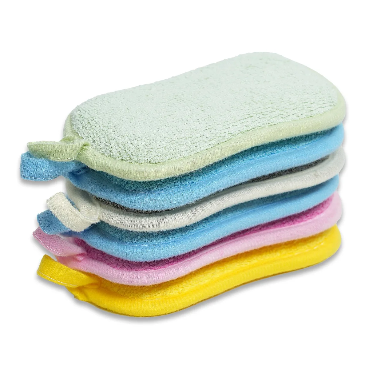 Six compressed multi-colour sponges with scrub side and hanging loops