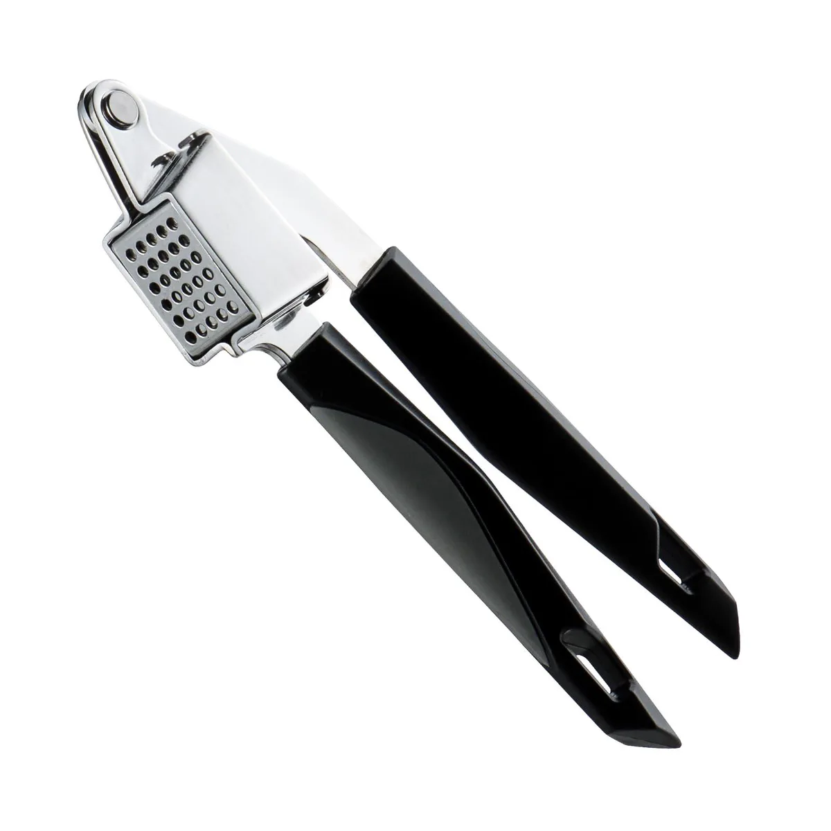 Stainless steel garlic press, black handles, 8.26 inch