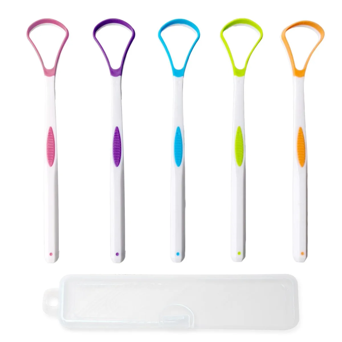 Five colourful plastic tongue scrapers in a white carry case