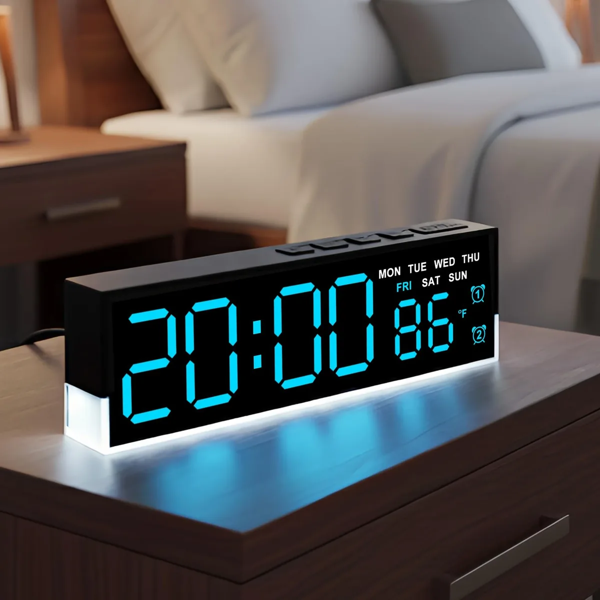 Blue rectangular digital alarm clock with large LED display and soft bottom glow
