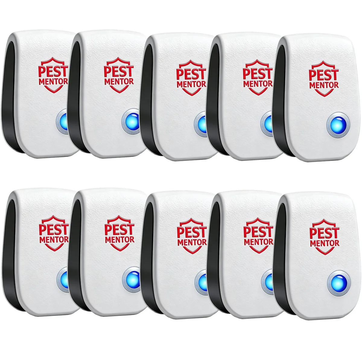 Ten small white plug-in pest repellers with blue night lights