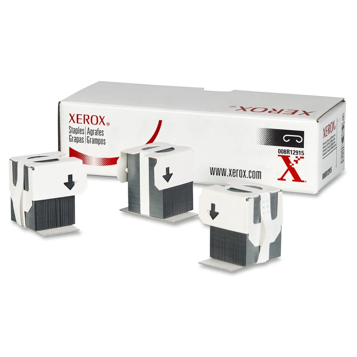 Three silver staple cartridge refills in rectangular packaging