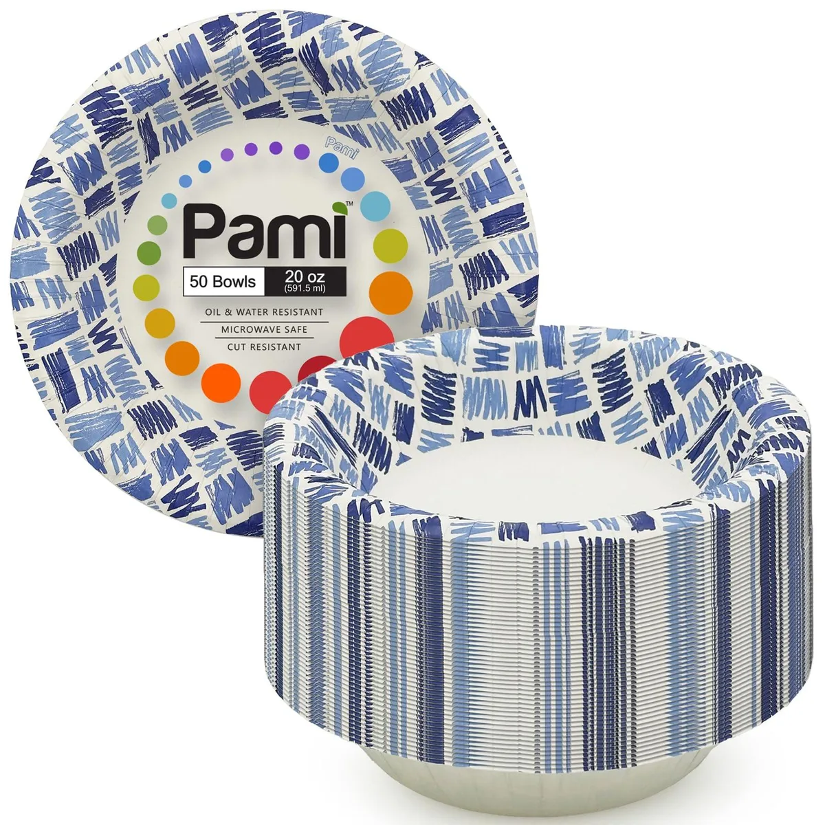 Stack of blue paper bowls with scribble design, round shape