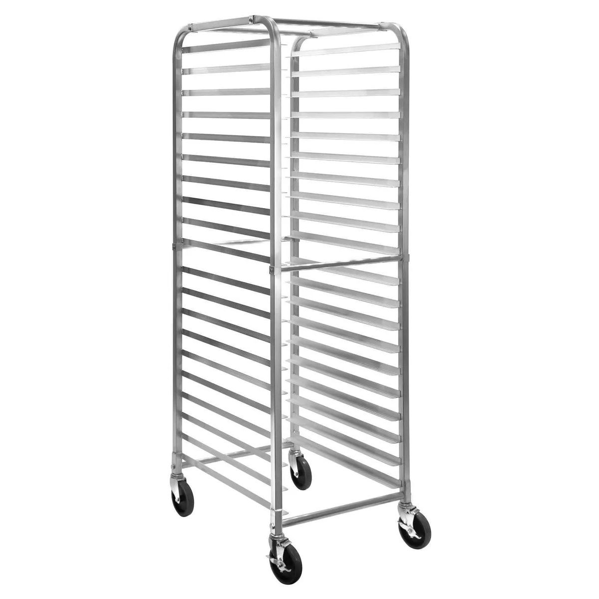 Silver metal rack on four wheels with twenty horizontal tray slides and two locking casters
