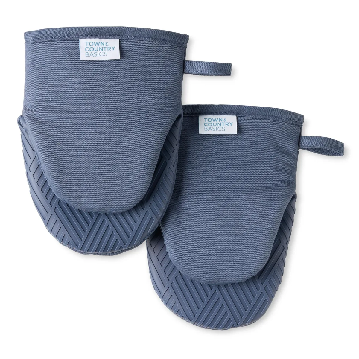 Two blue mini oven mitts with basketweave silicone grip and hanging loops