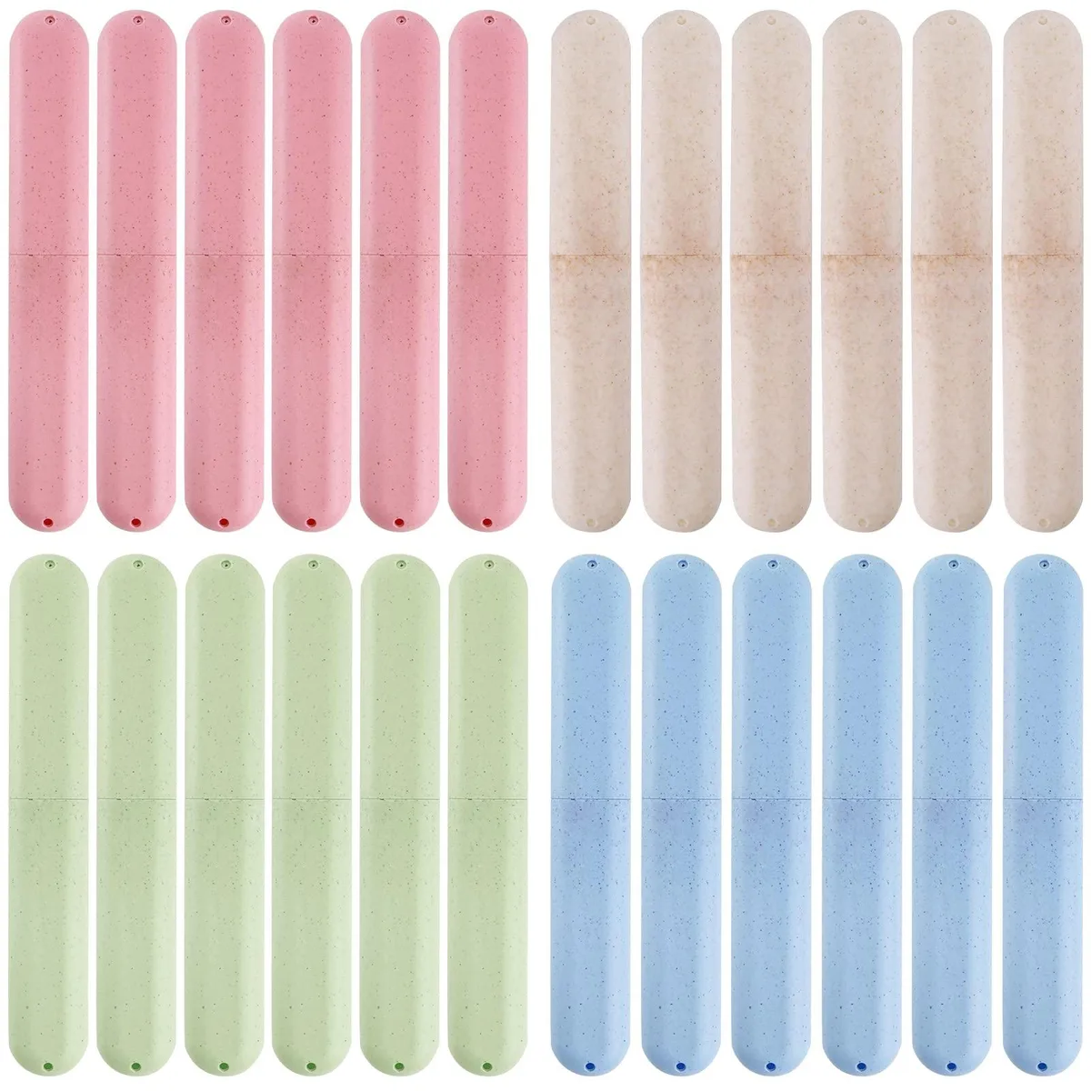 Twenty-eight slim toothbrush cases in green blue white pink laid flat showing ventilated slots