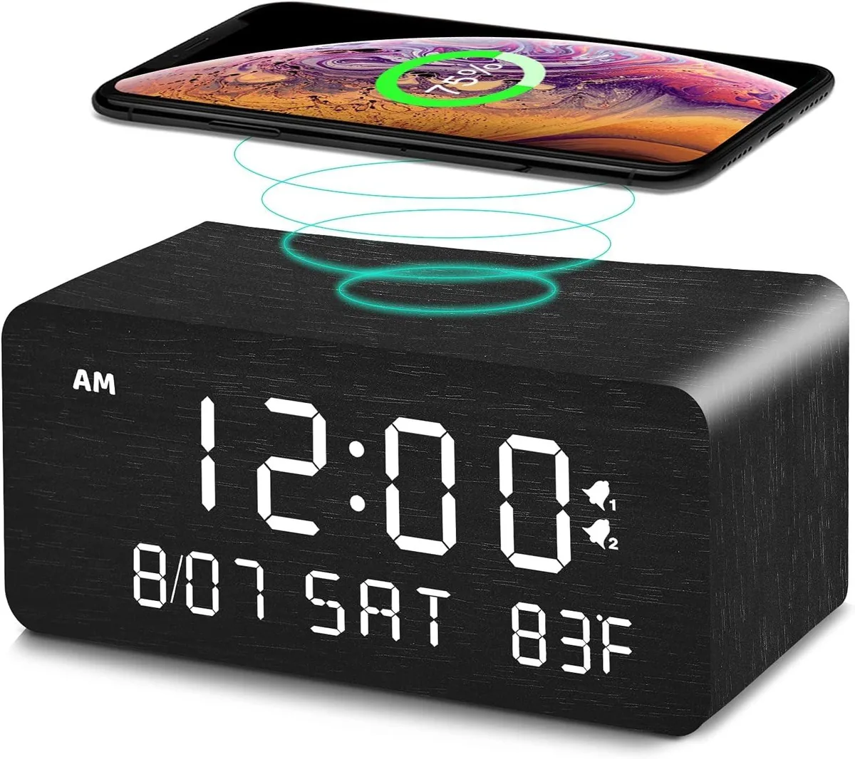 Black wooden digital clock with wireless charging pad 6.5x1.5x6.0 inches