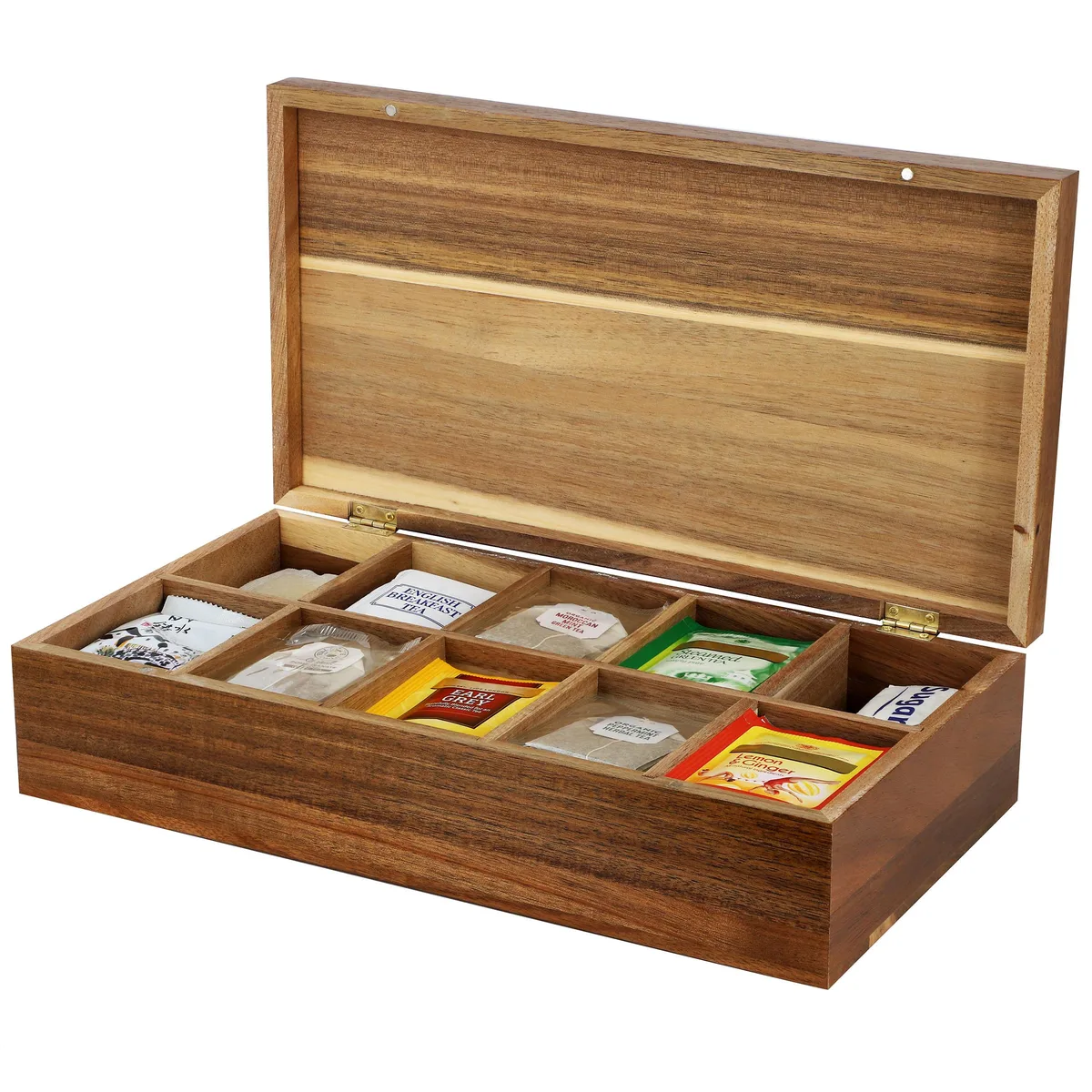 MegaChef MegaChef Acacia Wood 14.25 x 7.5 Inch 10 Compartment Tea Box food storage — product photo