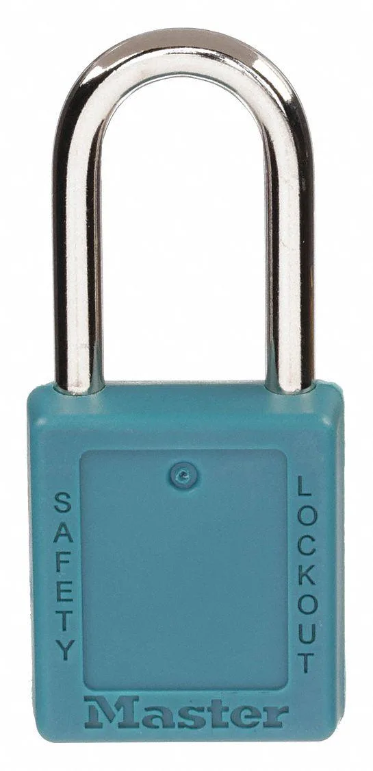 Teal thermoplastic padlock with metal shackle and keyed-different cylinder
