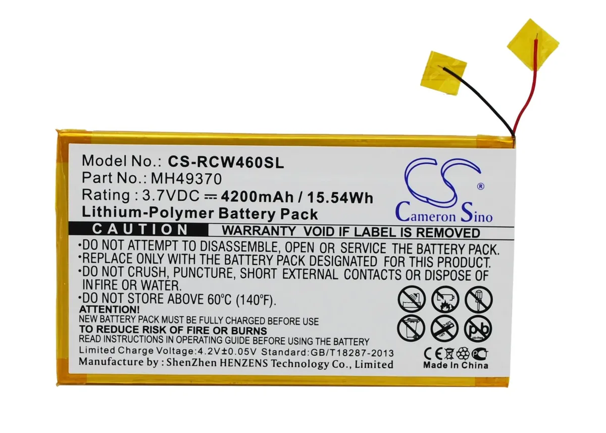 Rectangular silver battery pack with connector ribbon and Cameron Sino label
