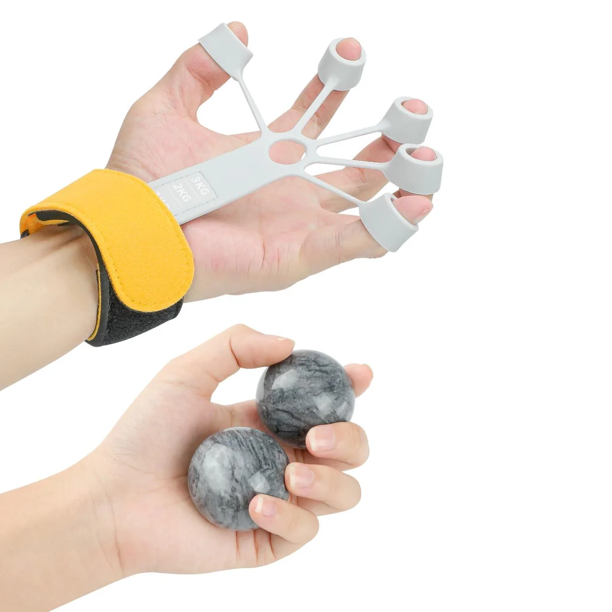 Black hand exerciser kit with grip trainer wrist brace and therapy balls