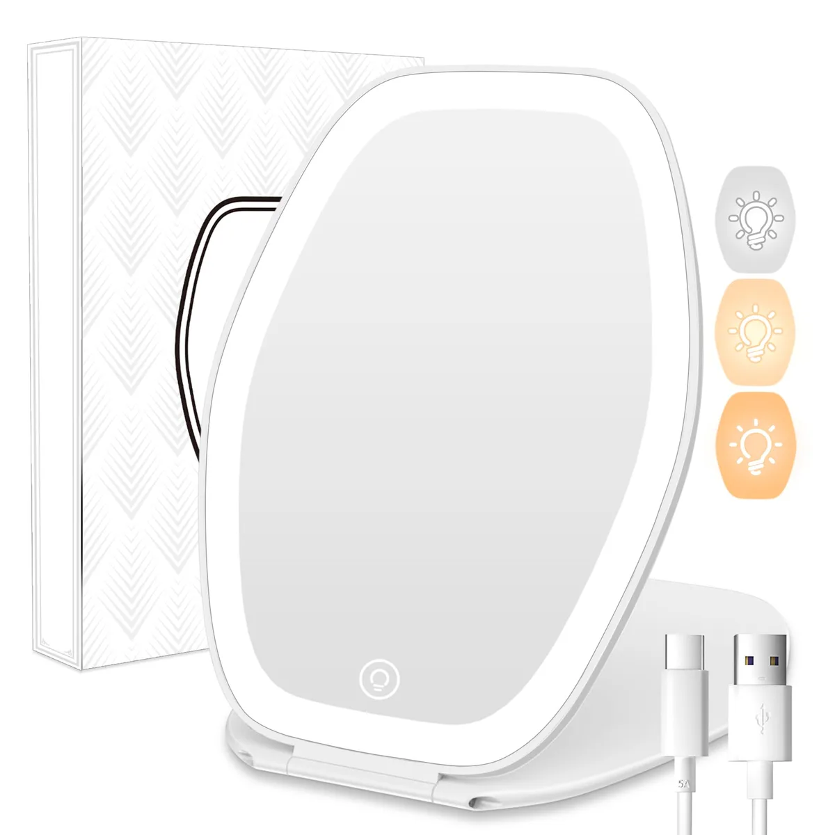 White hexagonal foldable mirror with LED lighting around the edge
