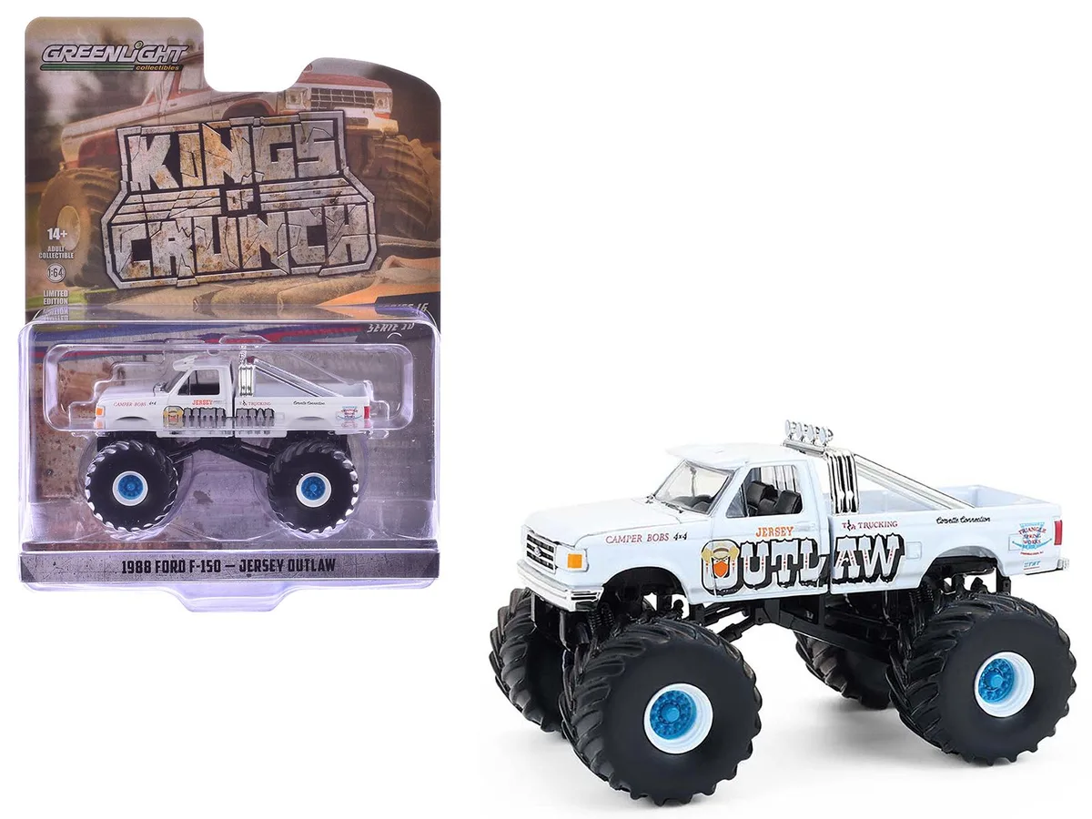 GREENLIGHT GREENLIGHT 1988 Ford F-150 Monster Truck Jersey Outlaw White Kings of Crunch 1/64 — product photo