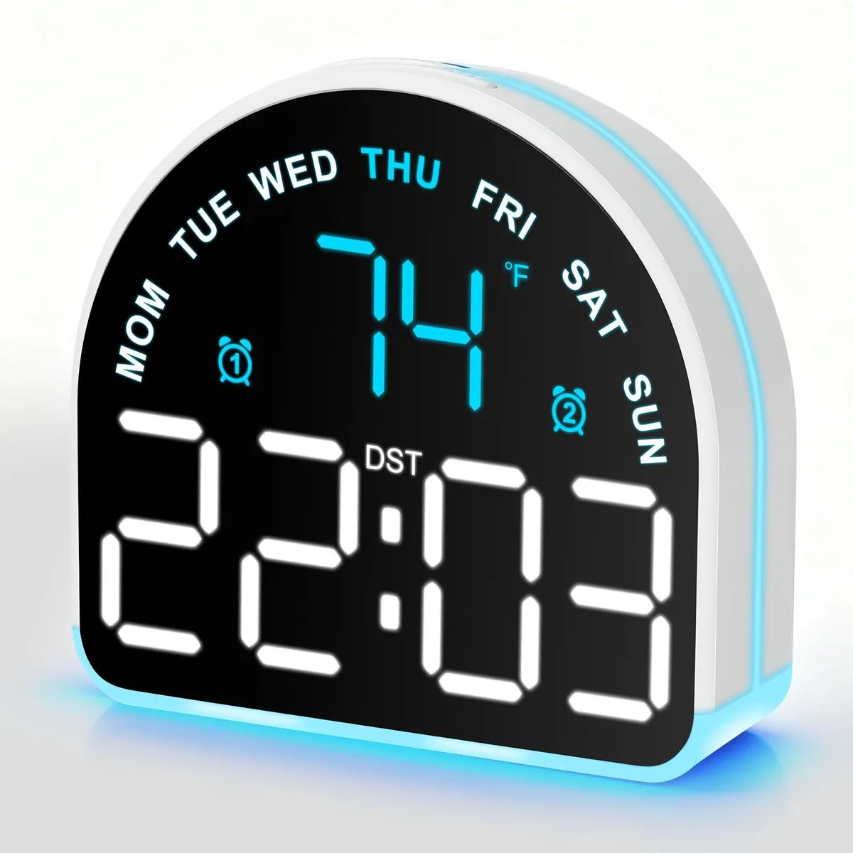 Small blue digital clock with LED display showing time and temperature