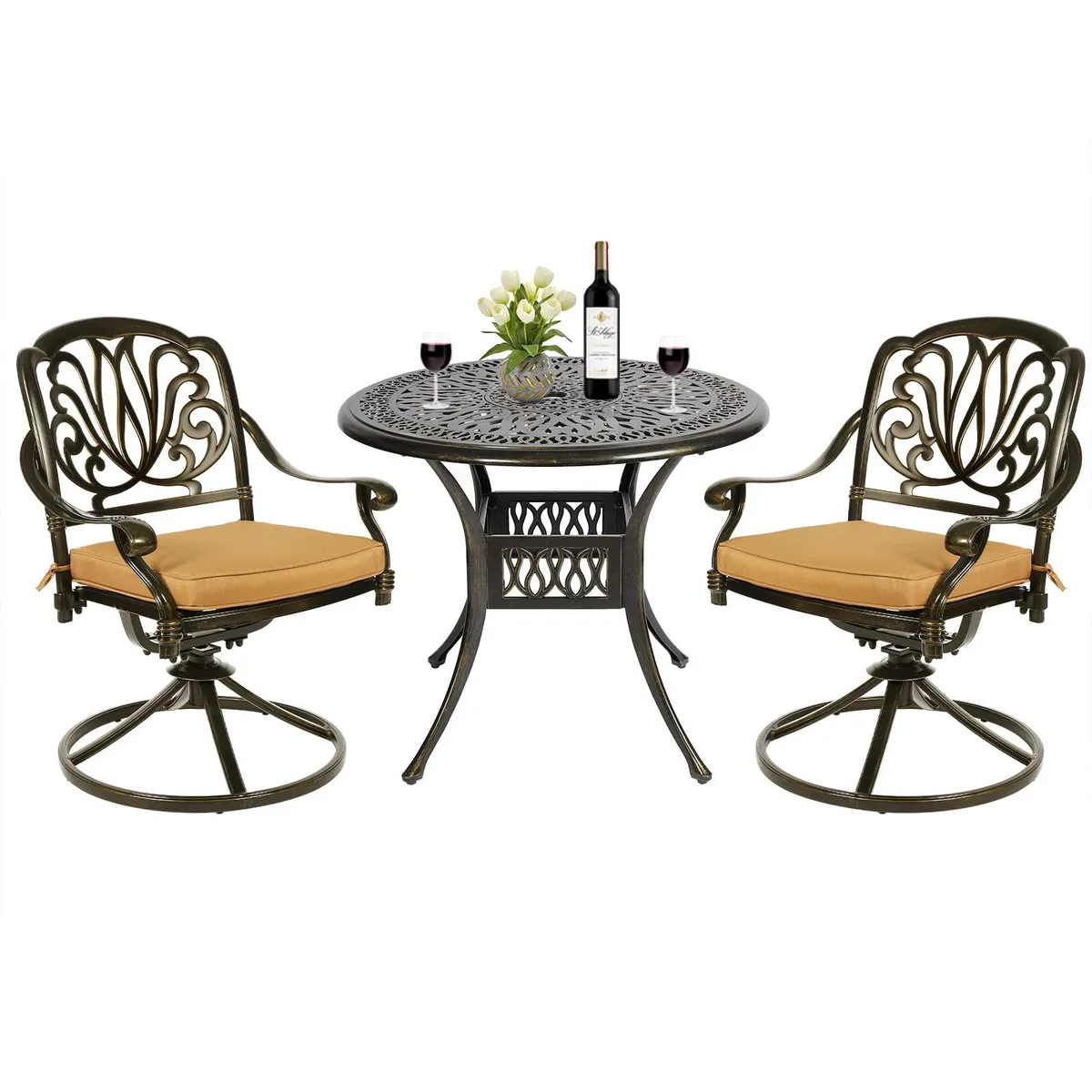 MEETWARM MEETWARM 3-Piece Patio Furniture Set Cast Aluminum Swivel Rocker Chairs 35.4" Table 2.2" Umbrella Hole — product photo