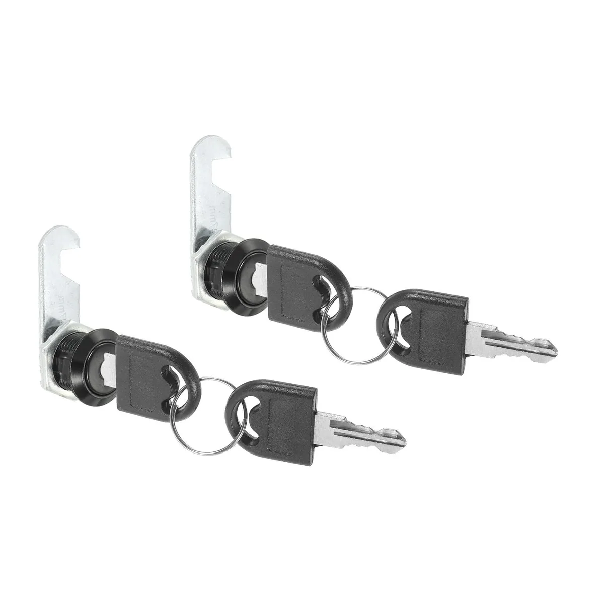 Two black cylindrical cam locks with matching plastic-handle keys lying side by side