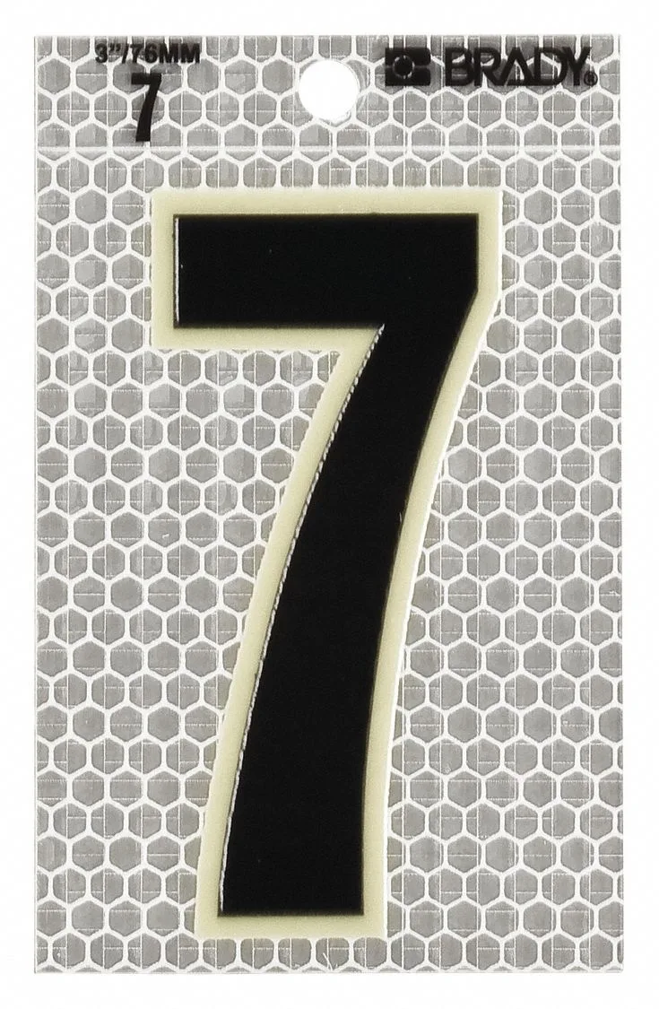 Pack of ten die-cut vinyl number 7 labels with silver high-intensity prismatic background, black characters and glow-in-the-dark border