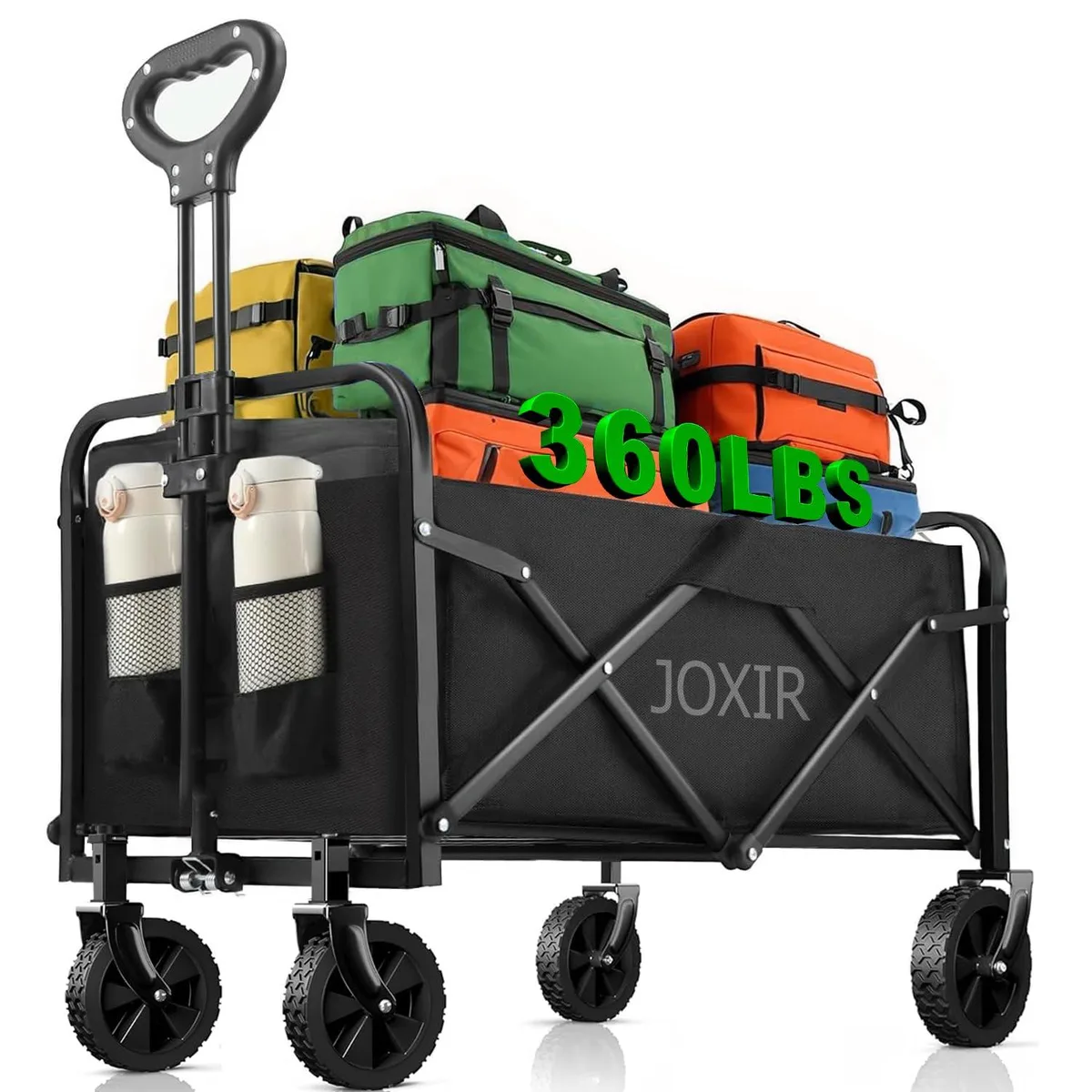 Collapsible steel wagon folded to 17 by 4.7 by 26 inches