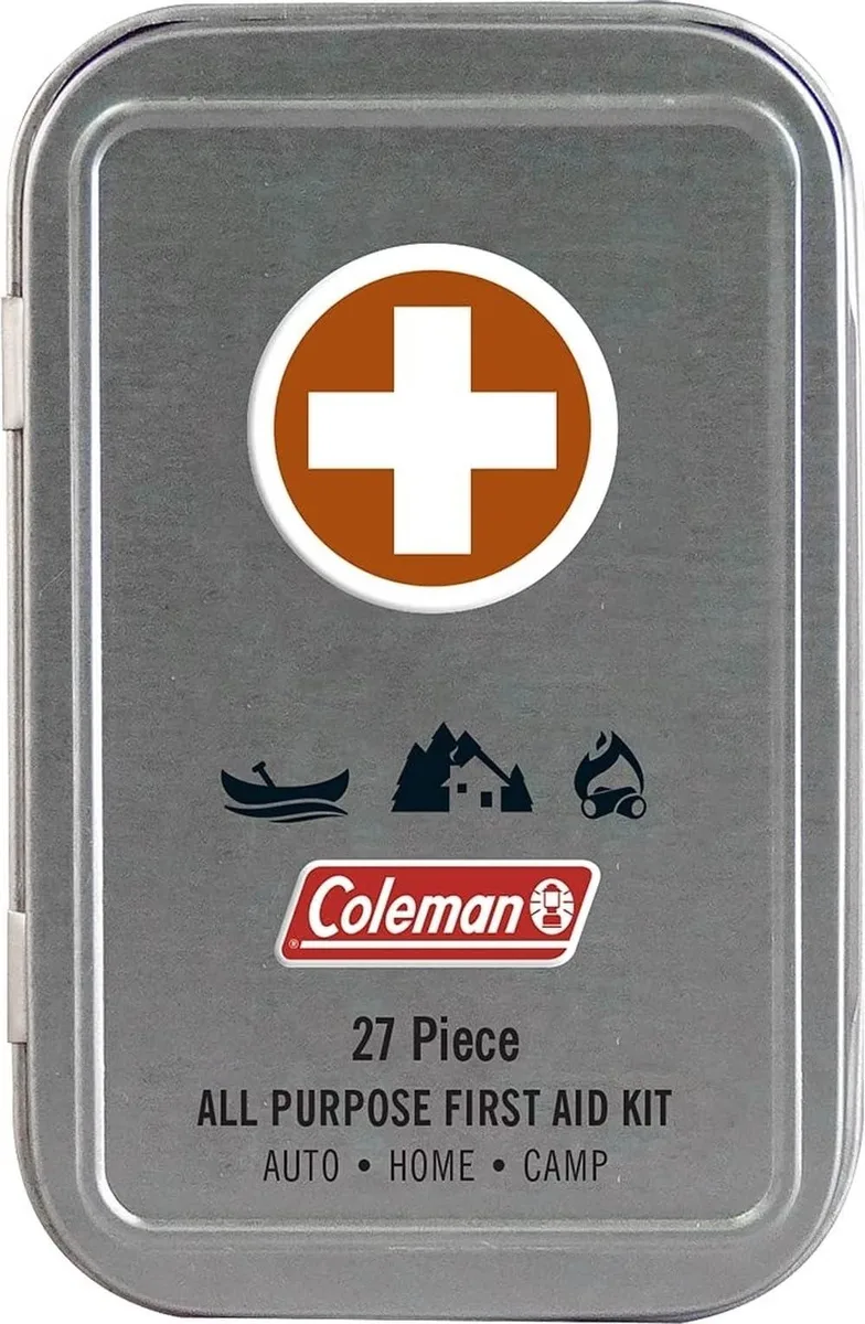 Grey metal tin first aid kit, compact rectangular shape, embossed logo, 27 pieces