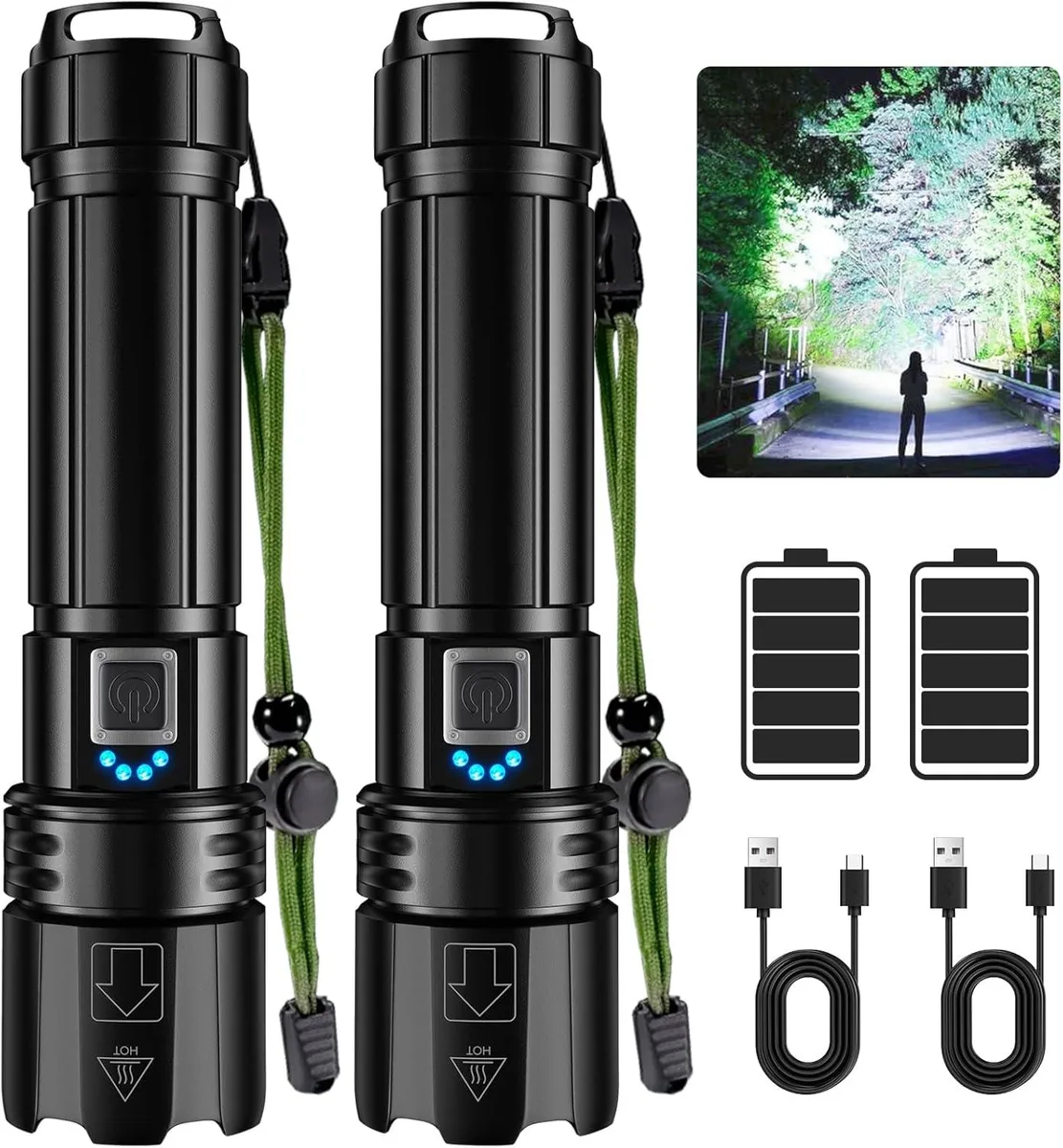 Two black cylindrical aluminium flashlights side by side