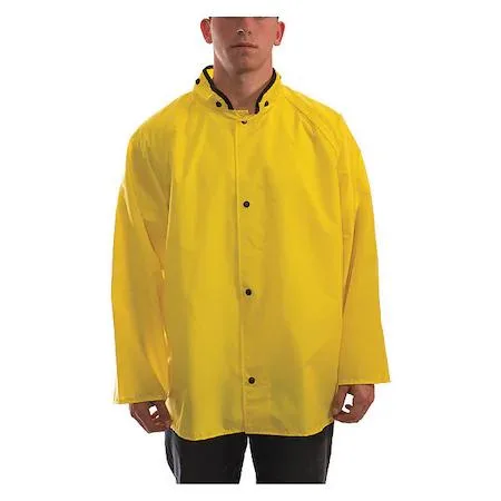 Yellow polyurethane rain jacket, hip-length, snap front with storm flap, nylon lining