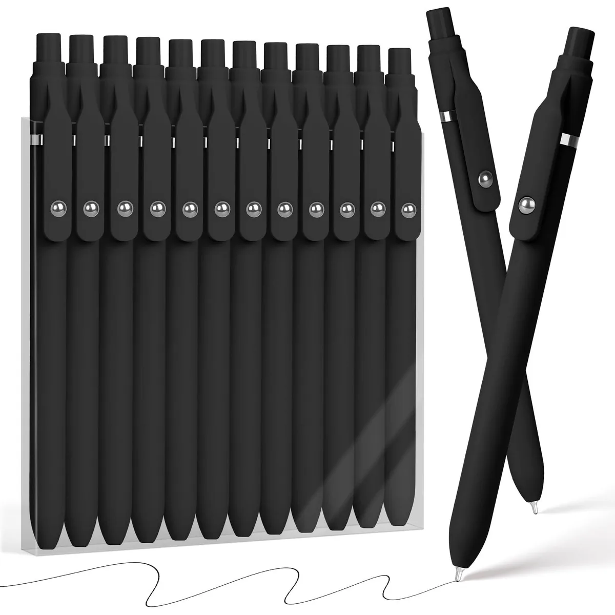 Twelve blue retractable ballpoint pens with leather finish in a box