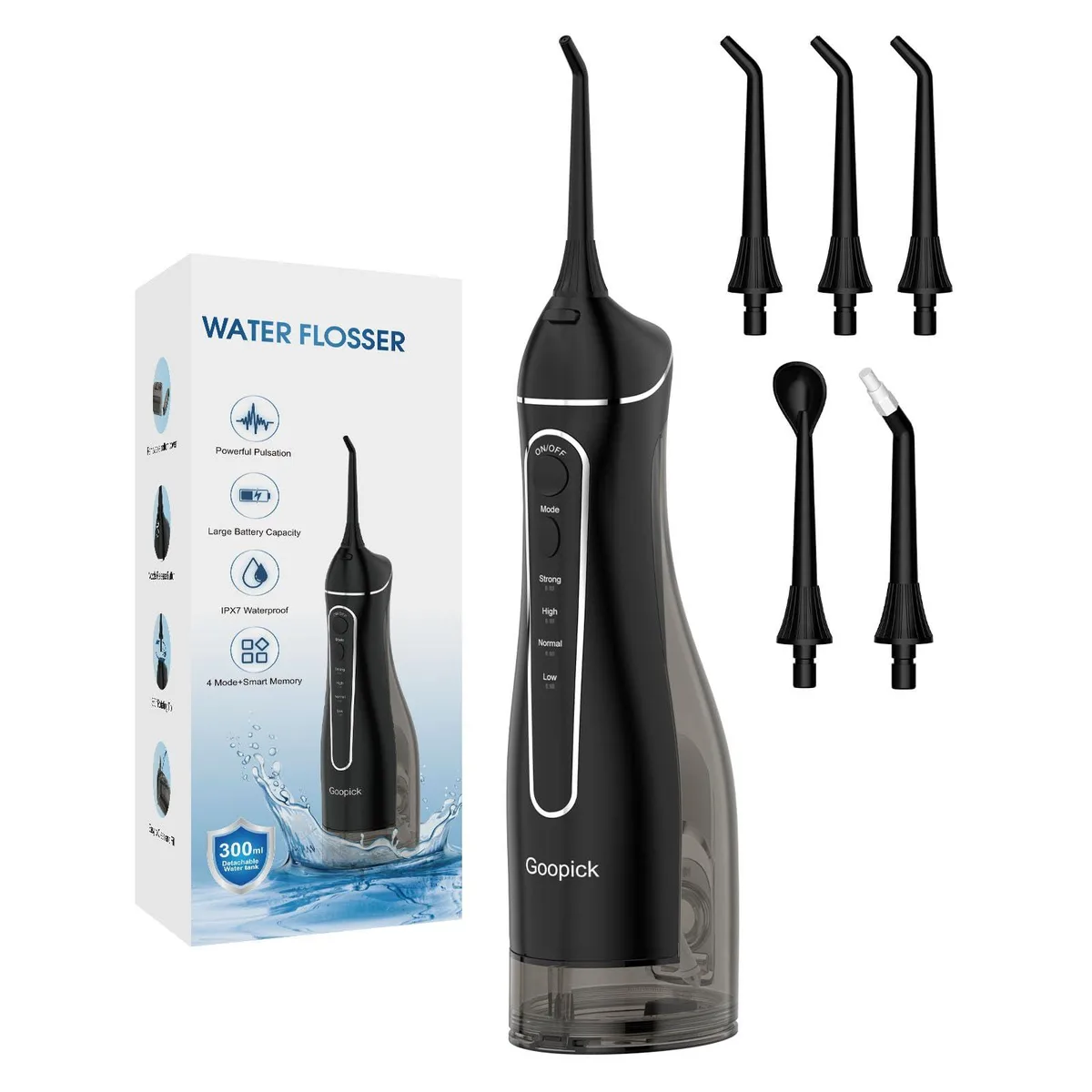 Black cordless water flosser with 300 ml tank and five tips