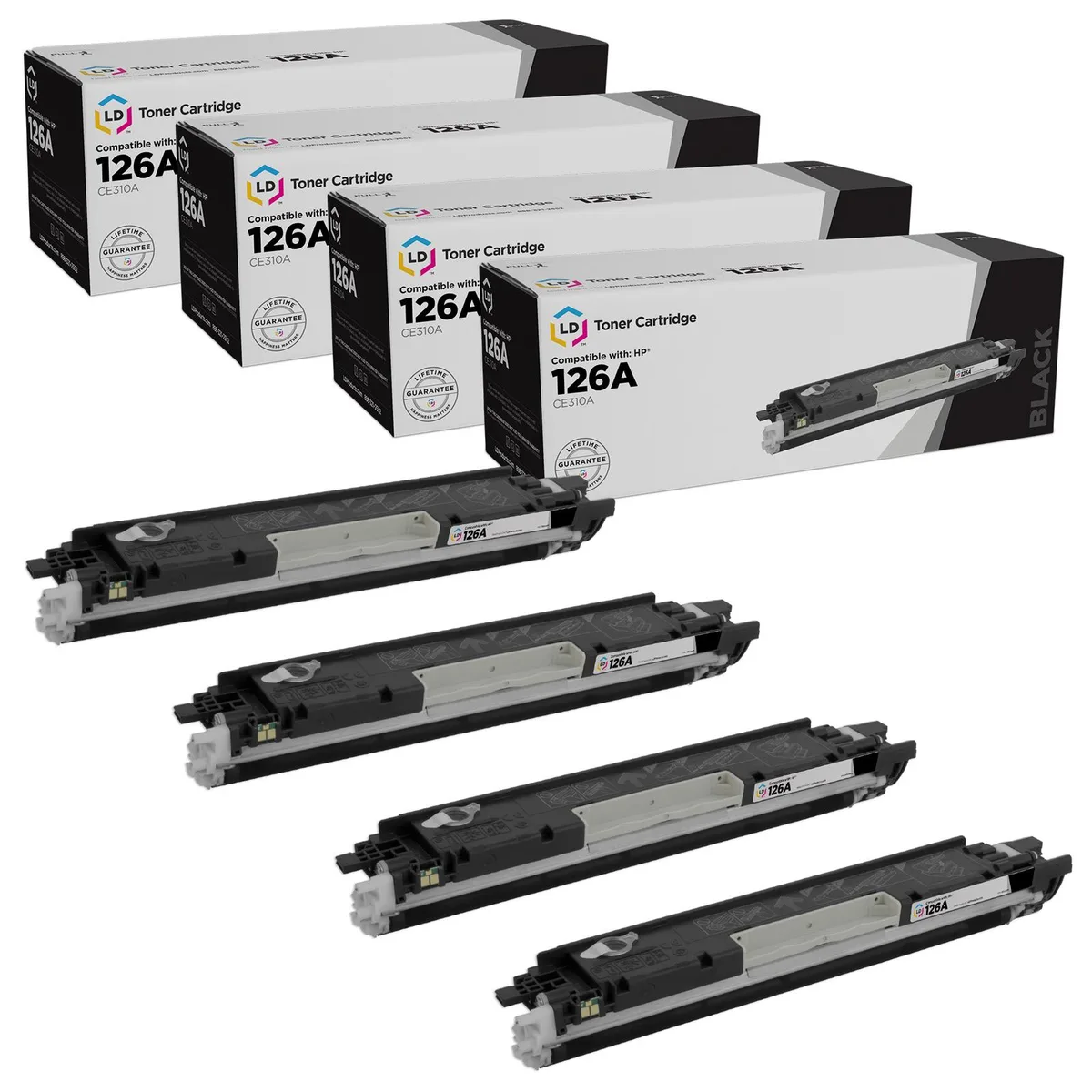 Four black toner cartridges in white boxes, rectangular with green chips