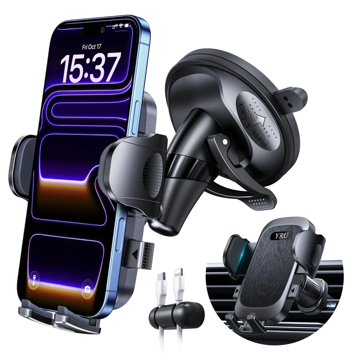 YRU phone mount 2026 2.7in arm 90lb suction 360° rotatable black — product photo