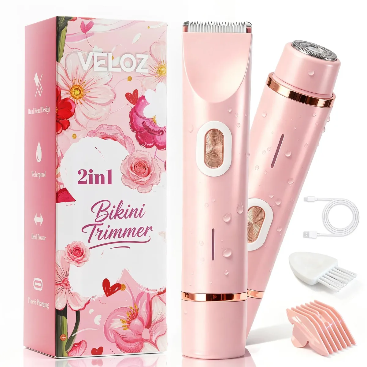 Pink dual-head electric shaver with foil trimmer and bikini head, slim cordless body