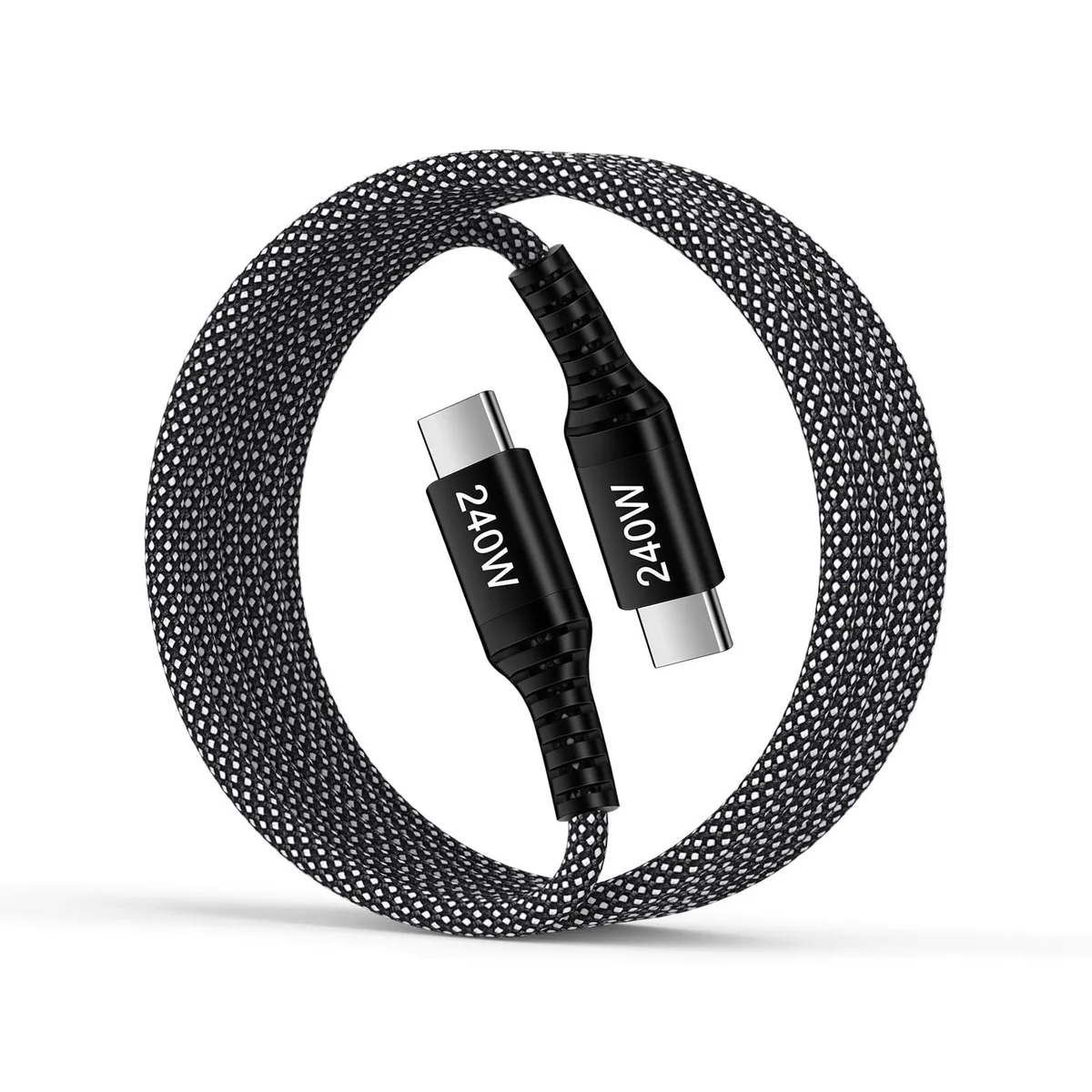 Orange braided USB-C to USB-C cable, six feet long, male connectors both ends
