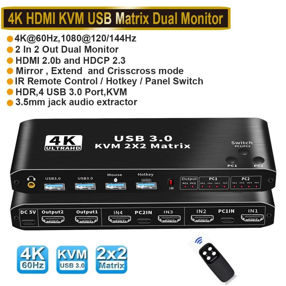 WRIARICH WRIARICH 2x2 HDMI KVM Switch 4K Dual Monitor 3.5mm Audio 4 USB 3.0 — product photo