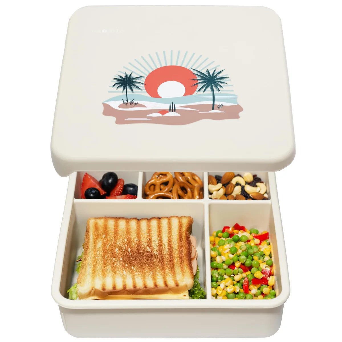 Red rectangular silicone bento box with five separate compartments and matching lid