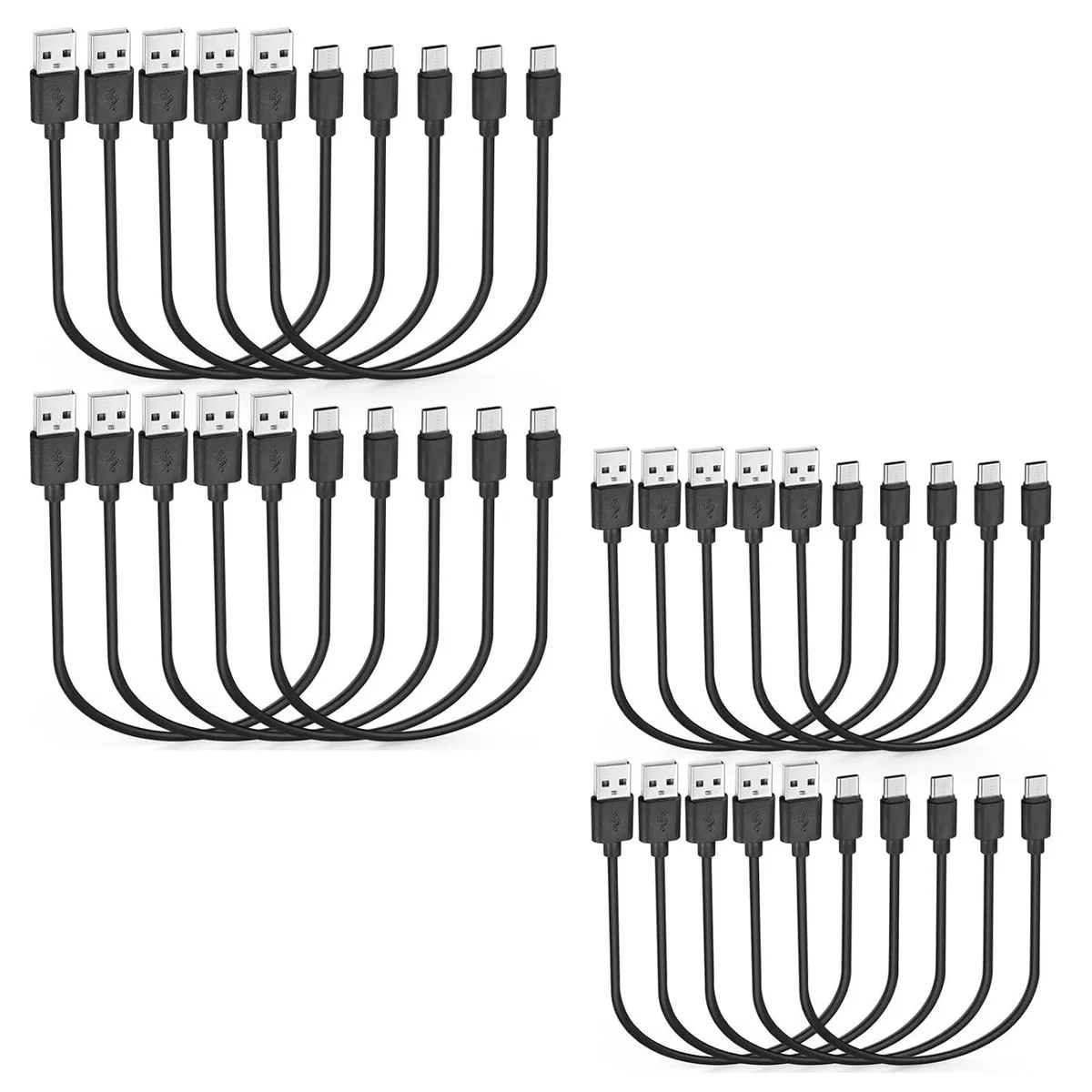 Twenty black USB-A to USB-C cables, each twelve inches long