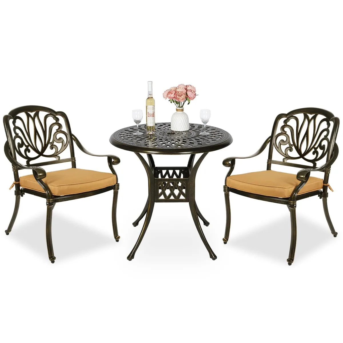 MEETWARM MEETWARM 3-Piece Patio Bistro Set — Cast Aluminium, 31" Table, 2 Cushioned Chairs — product photo