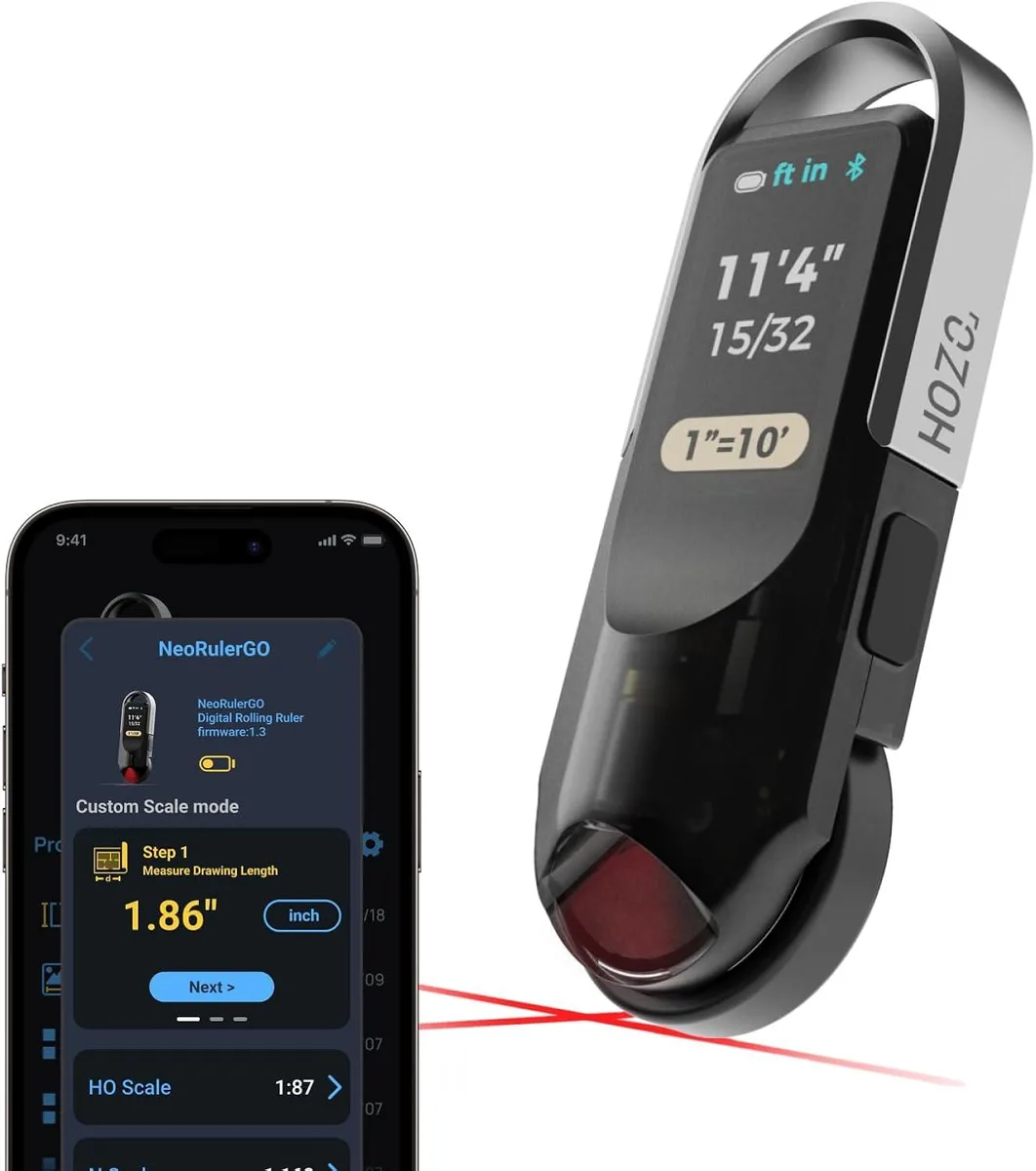 Compact digital tape measure with laser, pocket-sized rectangular body, matte finish, small display, measurement wheel visible