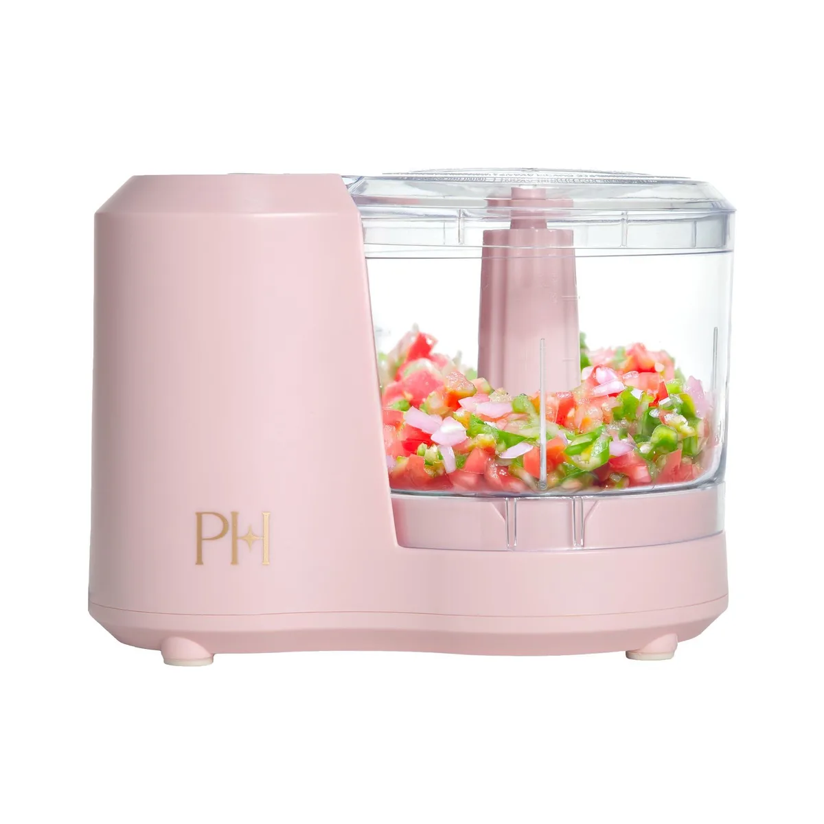 Compact pink mini food chopper with stainless steel blade, 1.5-cup bowl and press-down pulse lid