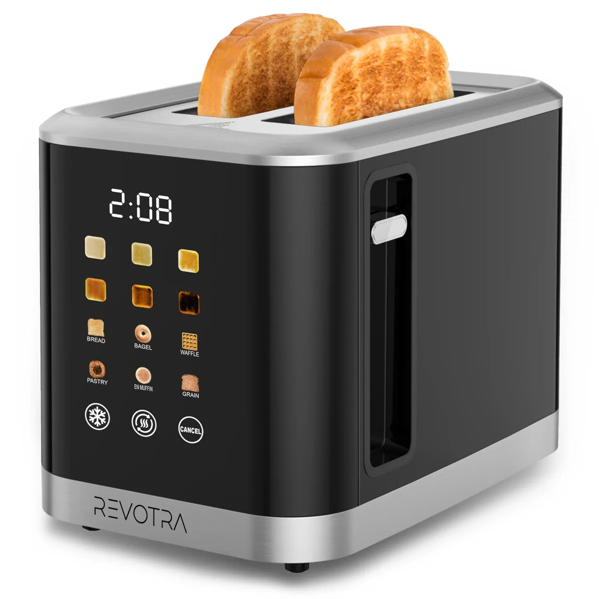 Purple two-slice toaster with wide slots and LED display