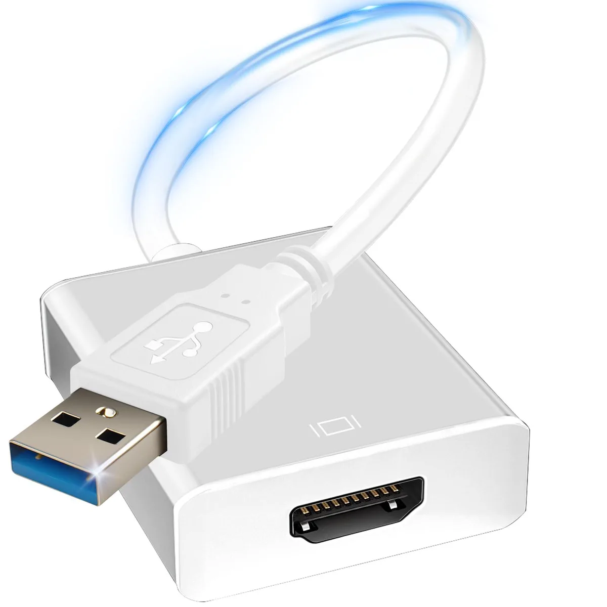 White USB 3.0 to HD display adapter dongle with built-in driver storage