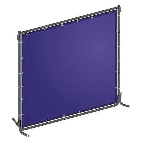 Blue transparent PVC welding screen on powder-coated frame with platform legs and grommets