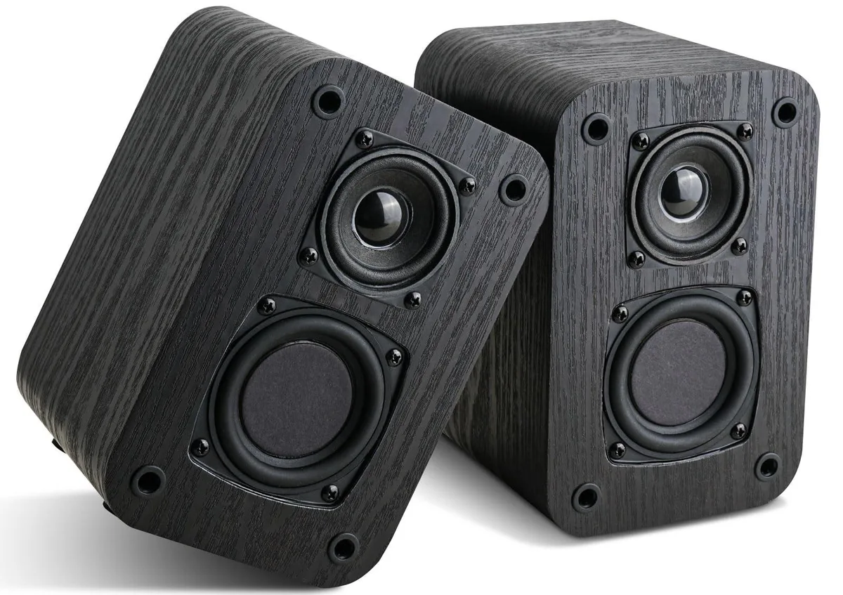 Pair of black bookshelf speakers with 3D wood grain finish, 6.5 inch drivers, wall mountable