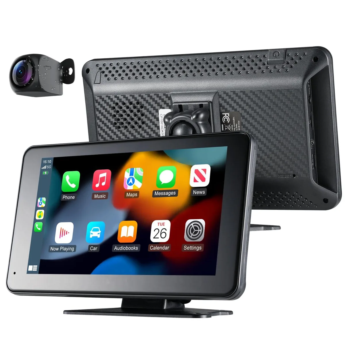 Black 7-inch portable touchscreen car stereo with rear-view camera and suction mount