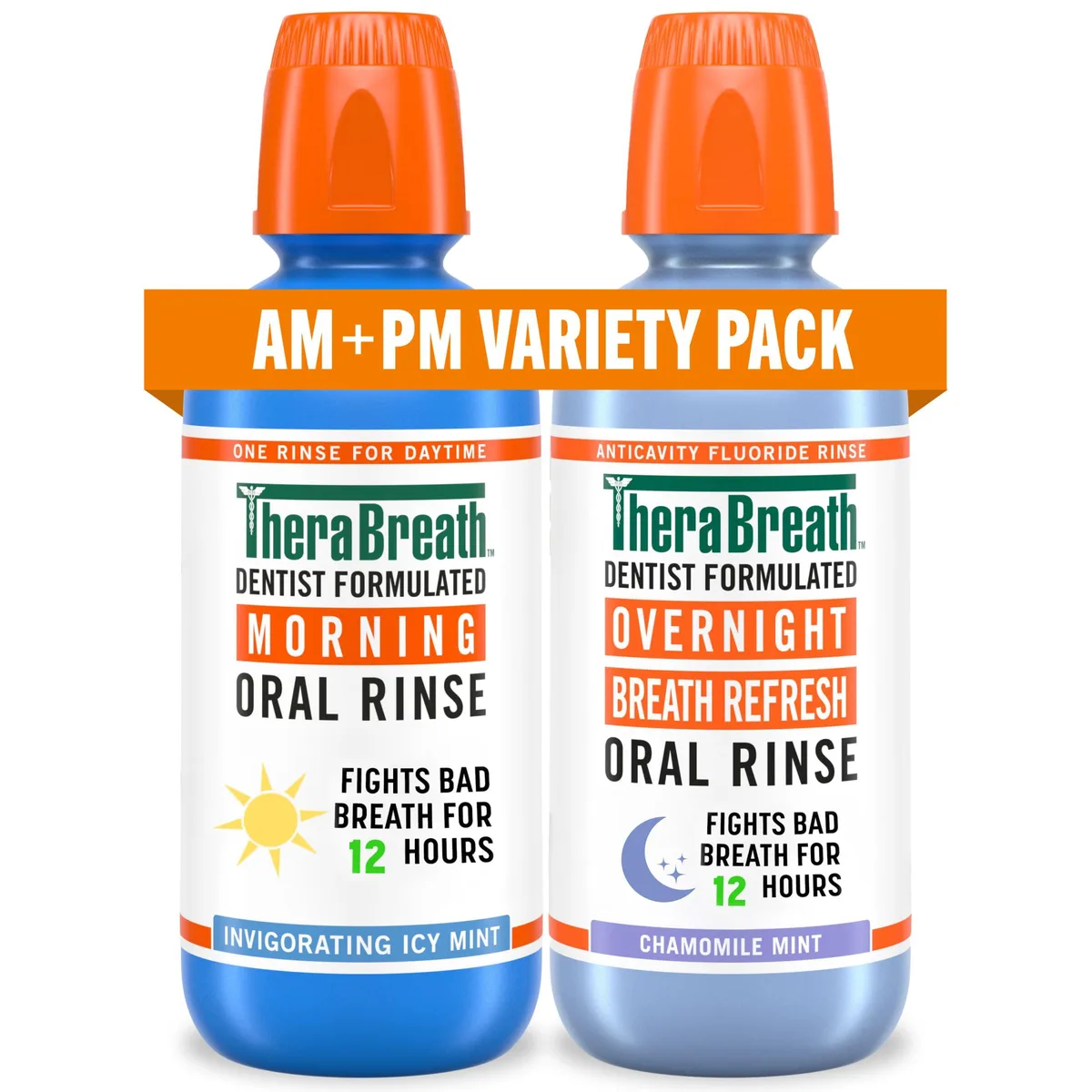 Two 16 fl oz mouthwash bottles in icy mint and chamomile mint packaging