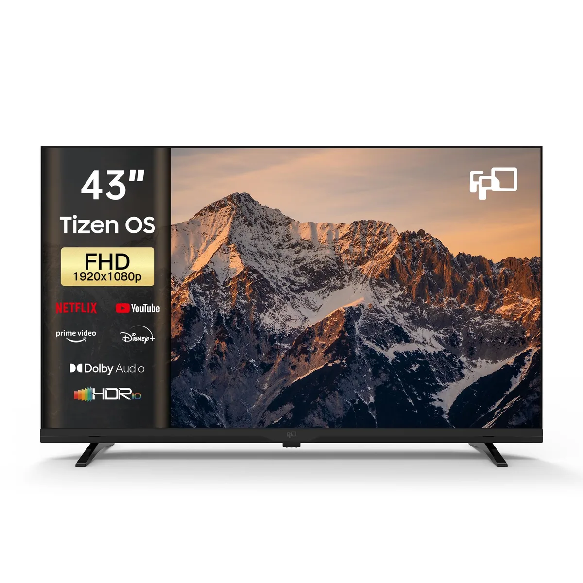 A 43 inch flat-screen television with a thin black bezel and a matte finish, standing on a low central stand