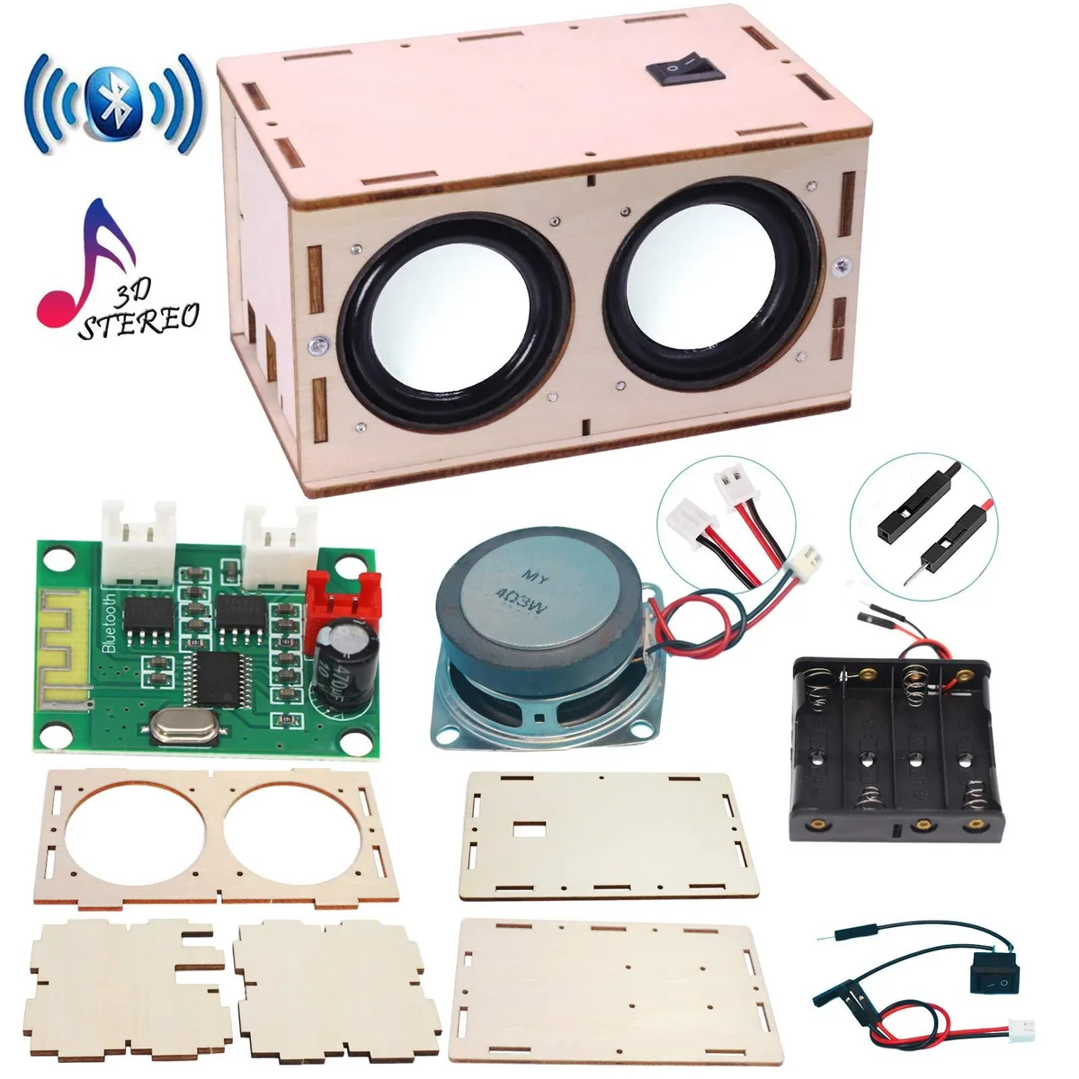 Laser-cut wooden box kit with two speakers and Bluetooth 4.0 amplifier board