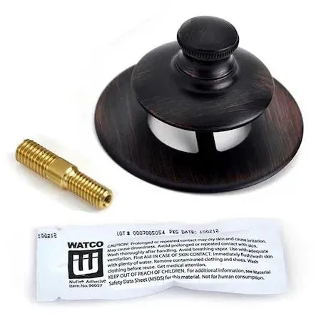 Transparent silicone push-pull bath stopper with bronze finish, fits over existing drain